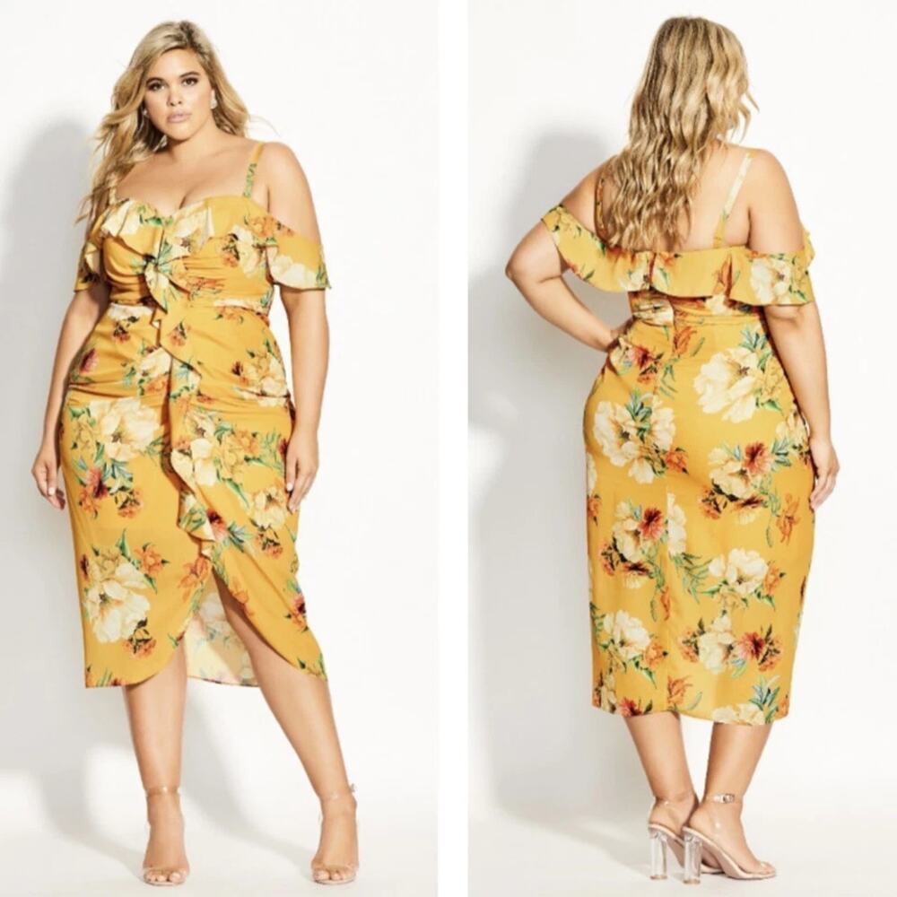 City Chic Boydcon Midi Dress Womens M/18 Yellow Orange Cold Shoulder Ruffle Trim